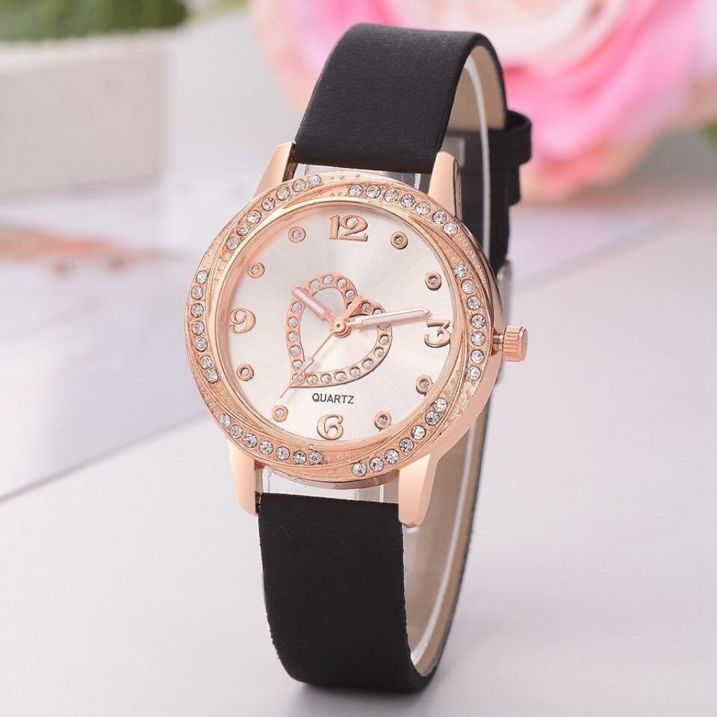 Buy Black Leather Straps Heart Dial Stone Watch in Pakistan | Affordable.pk