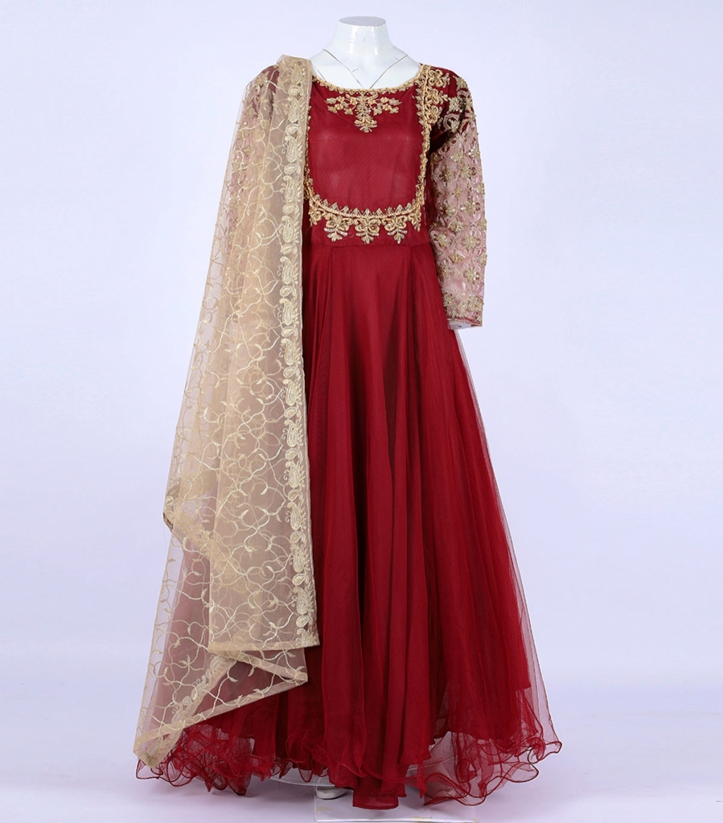 Buy Women Maroon Net Fabric Long Frock With Golden Dupatta Ready To Wear  in Pakistan  online shopping in Pakistan