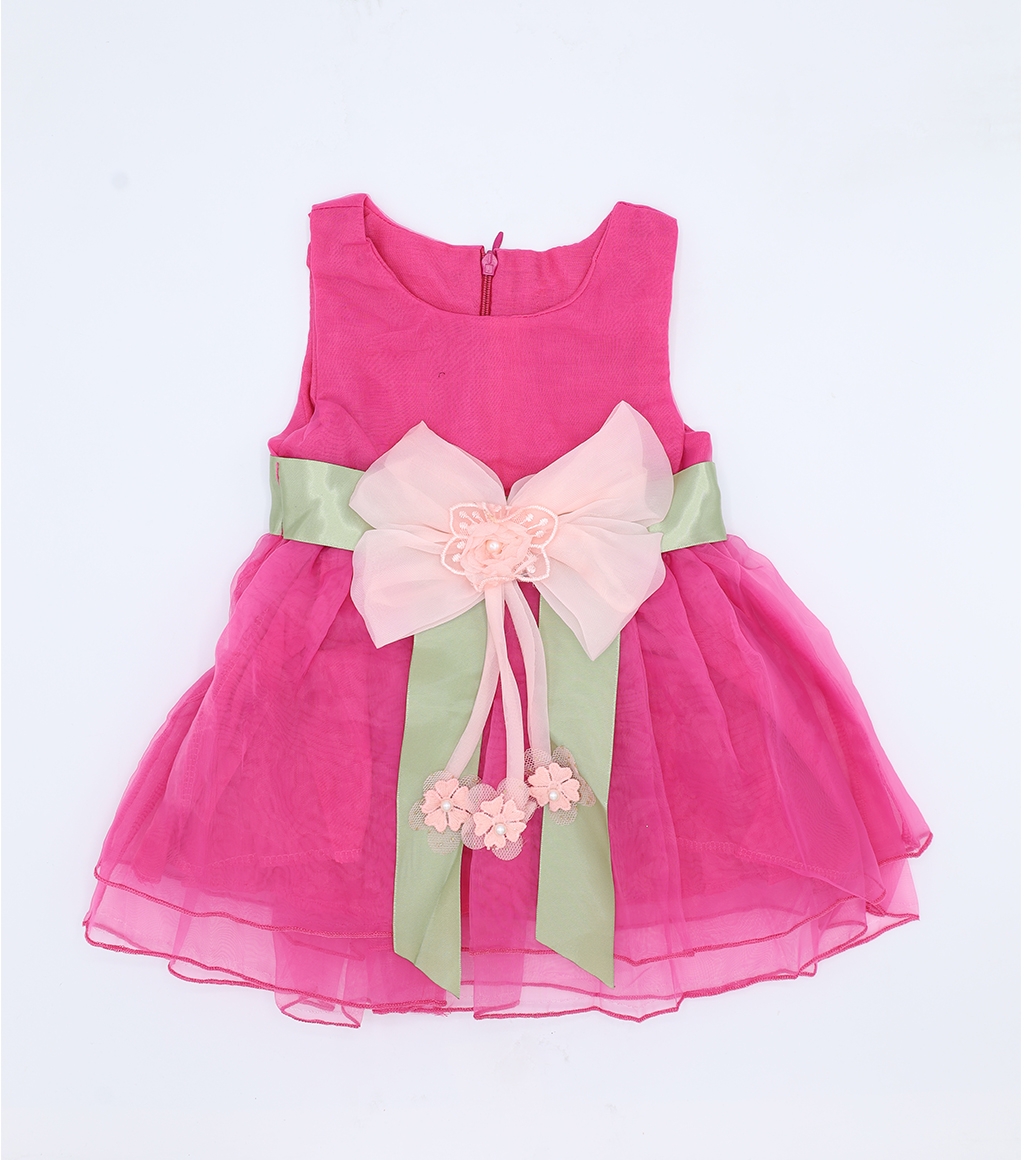 Buy Hot Pink With Golden Ribbon Frock For Girls in Pakistan
