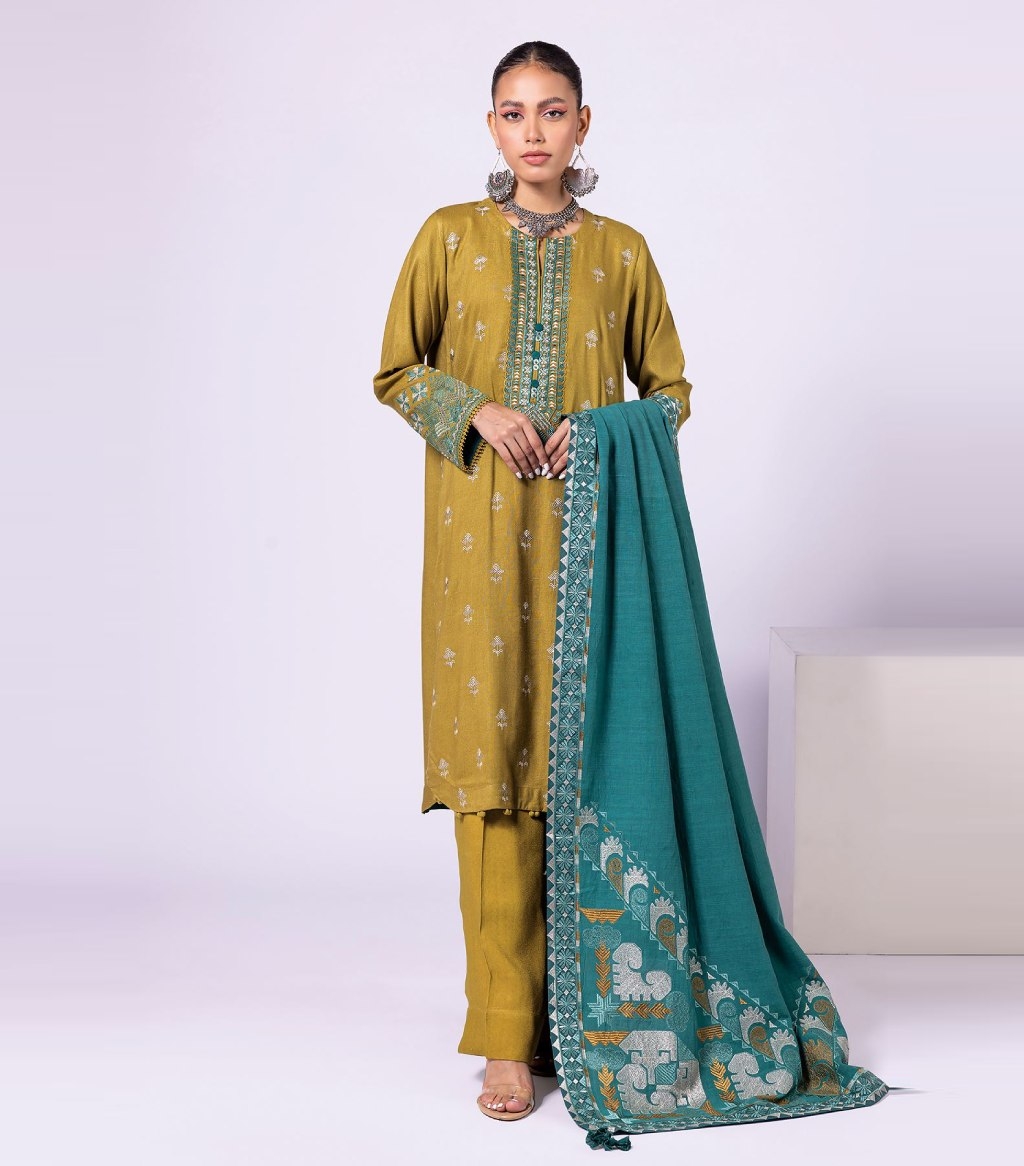 Buy Khaadi Sale On Dyed Acrylic Viscose Mustard Suite In Pakistan 